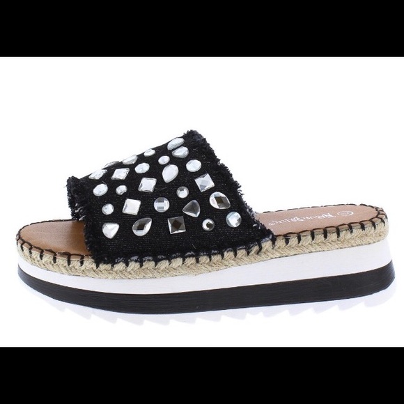 Nature Breeze Shoes - Black Frayed Denim Rhinestone Mule Sandal Nature Breeze Shoes - Black Frayed Denim Rhinestone Mule Sandal